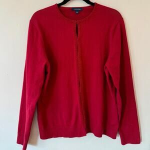Lands’ End 100% Cotton Beaded Cardigan – Red Button-Front Sweater, Size L